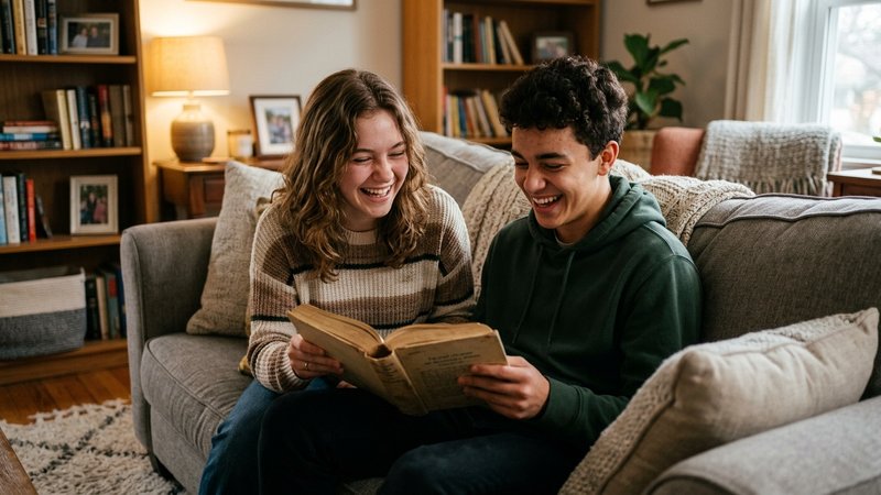 Dos hermanastros adolescentes riendo juntos sentados en el sofá del salón mientras miran un libro, ambiente hogareño rel