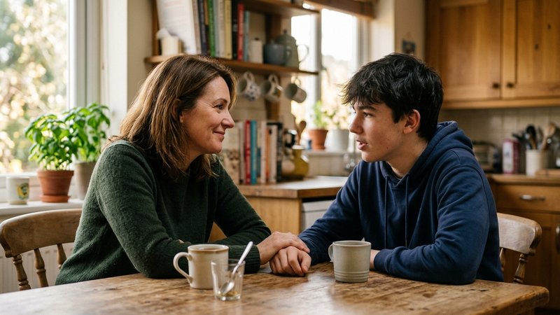 Una madre hablando cara a cara con su hijo adolescente sentados a la mesa de la cocina, gesto cercano y tranquilo