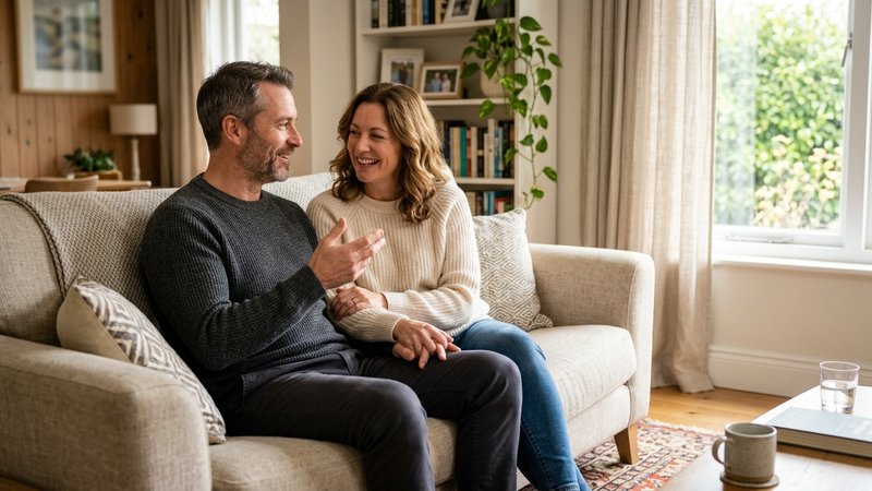 Una pareja adulta sentada en el sofá conversando con calma, gesto de acuerdo y complicidad, sala de estar luminosa