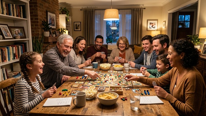 Una familia numerosa jugando juntos un juego de mesa en el comedor de casa, sonrisas y ambiente relajado