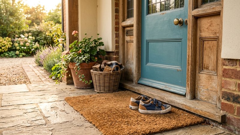 Un padrastro ayudando con cariño a un niño pequeño a atarse los zapatos en la entrada de casa, luz cálida de tarde