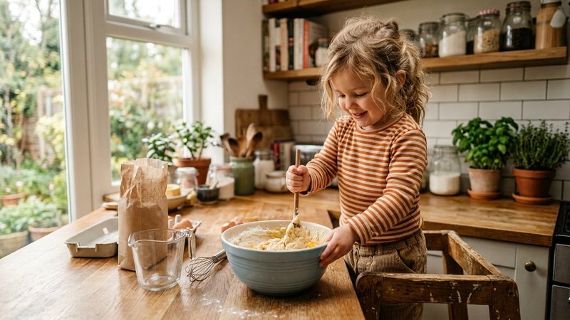 Un niño pequeño ayudando a remover una masa en un cuenco junto a un adulto sonriente en la cocina de casa