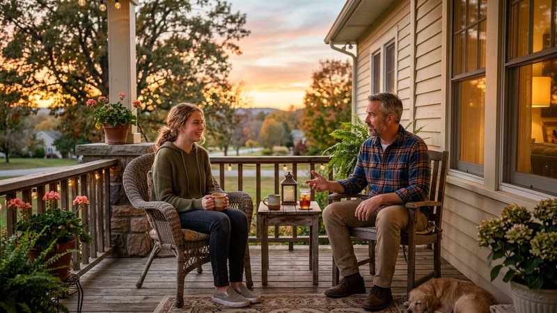 Una adolescente conversando tranquila con su padrastro en el porche de casa al atardecer, ambiente cálido y sereno