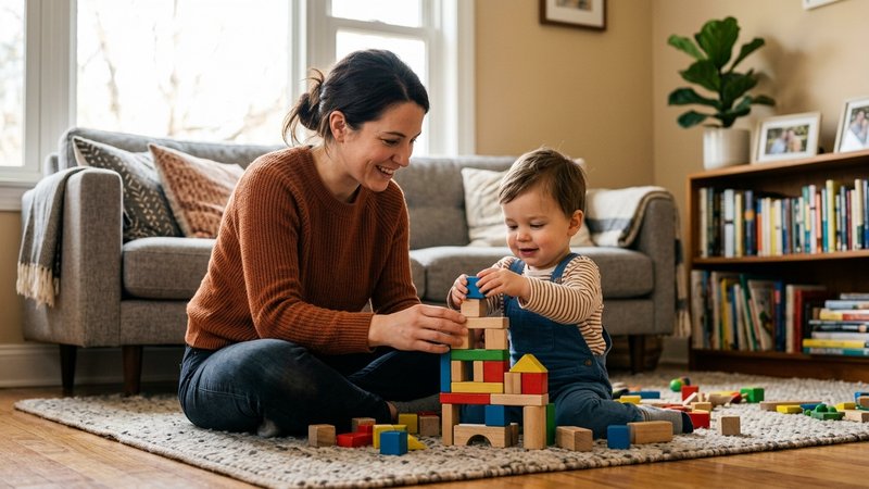Un adulto jugando con un niño pequeño con bloques de construcción de madera en el suelo del salón, gesto paciente