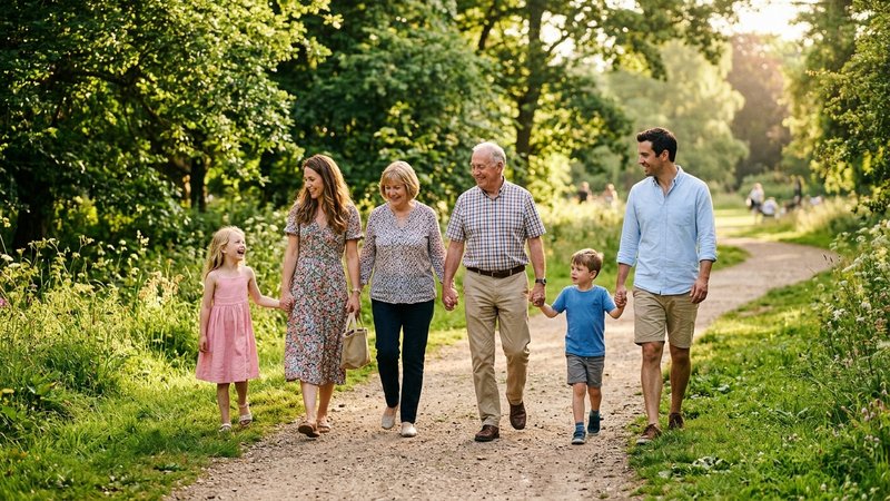 Una familia entera caminando juntos por un parque soleado, tomados de la mano, ambiente cálido y sereno