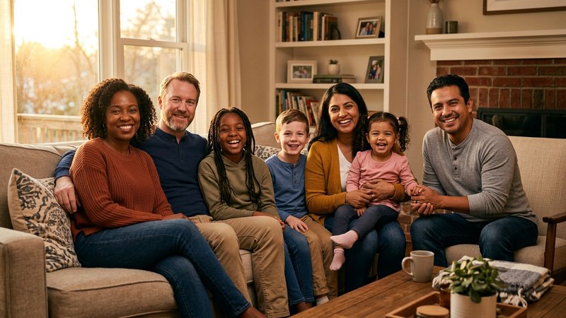 Una familia ensamblada reunida sonriendo en el salón de casa, adultos y niños de distintas edades, luz cálida de atardec