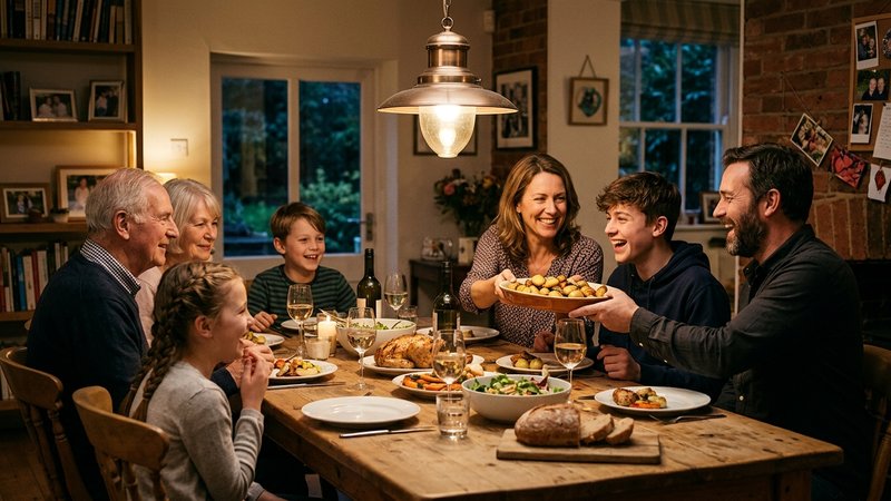 Una familia cenando alrededor de la mesa del comedor, riéndose y pasándose una fuente, con el adolescente integrado y re