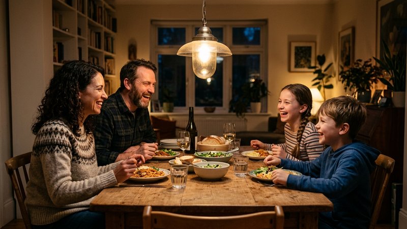 Una familia cenando alrededor de la mesa del comedor, riéndose y sin móviles a la vista, todos participando en la conver