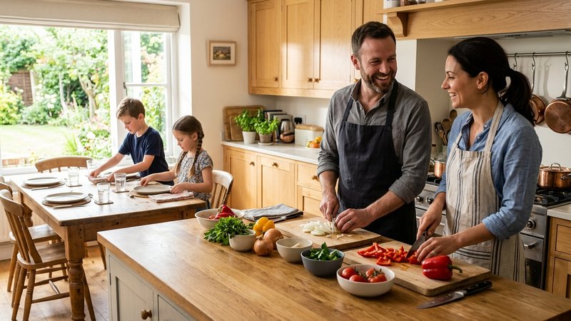 Una familia cocinando junta en una cocina luminosa: los padres hablándose con respeto mientras cortan verduras y los dos