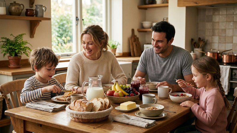 Una familia desayunando con calma alrededor de la mesa de la cocina, con fruta, pan y leche servidos, sin pantallas ni p