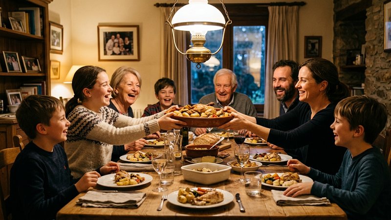 Una familia entera cenando alrededor de la mesa del comedor, riéndose y pasándose una fuente de comida, con niños y adol