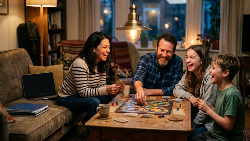 Una familia jugando a un juego de mesa en el salón, riéndose y relajados, con los cuadernos y las pantallas apartados a