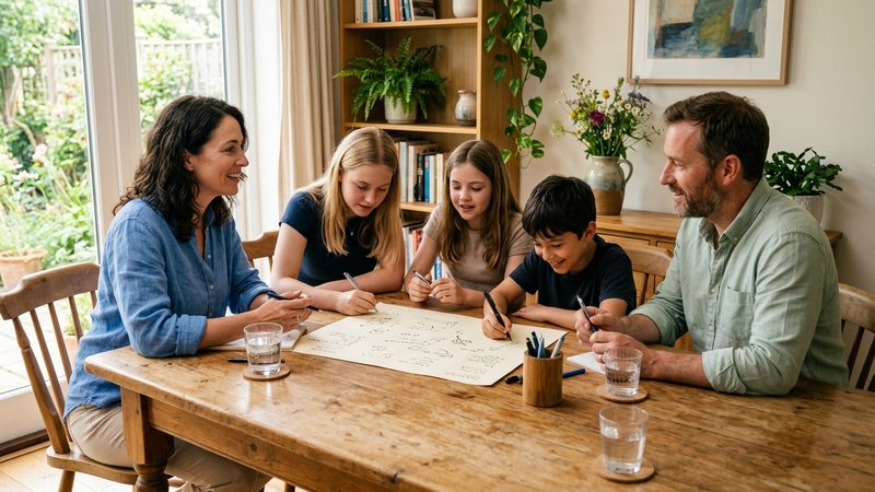 Una familia sentada alrededor de la mesa del comedor con una hoja de papel en el centro y un bolígrafo, todos apuntando