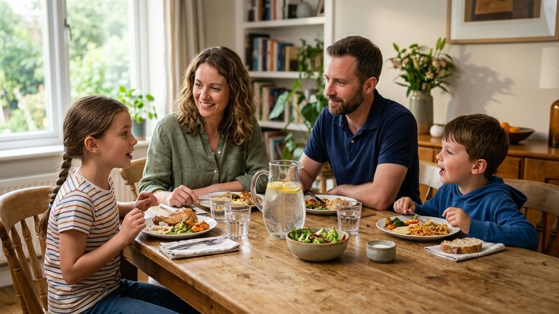 Una familia sentada a la mesa del comedor comiendo tranquilamente, con los dos hijos hablando en voz normal y los padres