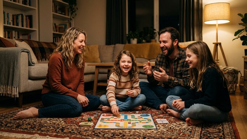 Una familia sentada en el suelo del salón jugando a un juego de mesa, todos riendo y relajados, con la luz cálida de una