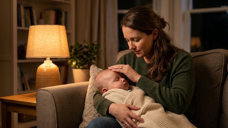 Una madre tocando con suavidad la frente de su bebé por la noche en el salón de casa, luz cálida de lámpara