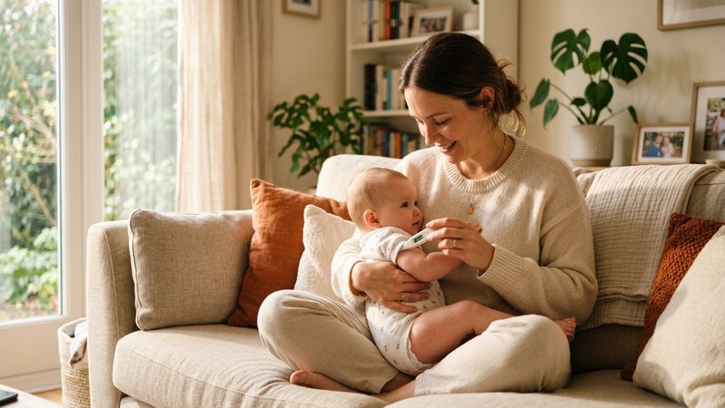 Una madre midiendo con delicadeza la temperatura en la axila de su bebé, sentados en un sofá luminoso