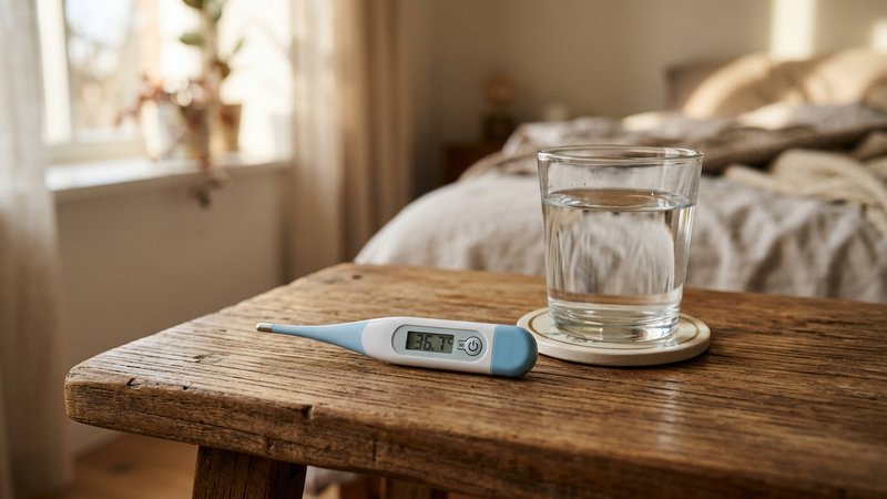 Un termómetro digital sobre una mesita de madera junto a un vaso de agua, luz natural suave de mañana