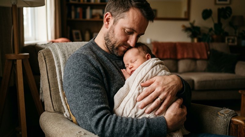 Un bebé dormido plácidamente en brazos de su padre, envuelto en una manta ligera, luz tenue de tarde