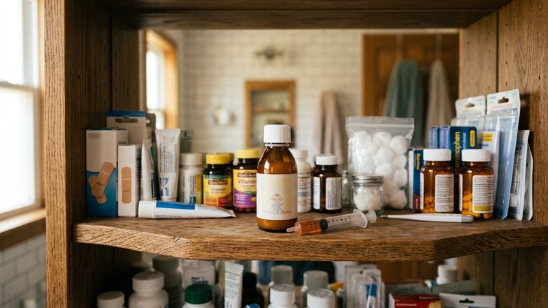 Un botiquín familiar organizado sobre una repisa de baño, con un frasco de medicamento infantil y su jeringuilla