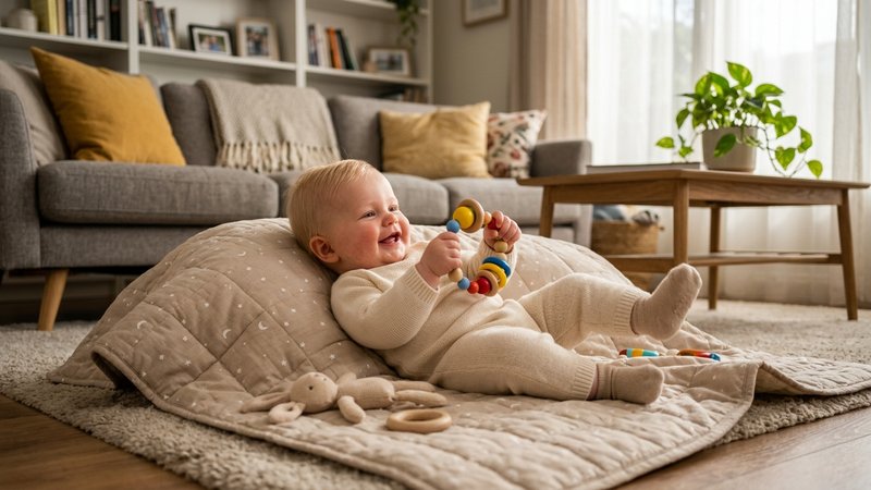 Un bebé sonriente jugando con un sonajero sobre una manta en el salón, ambiente relajado de recuperación