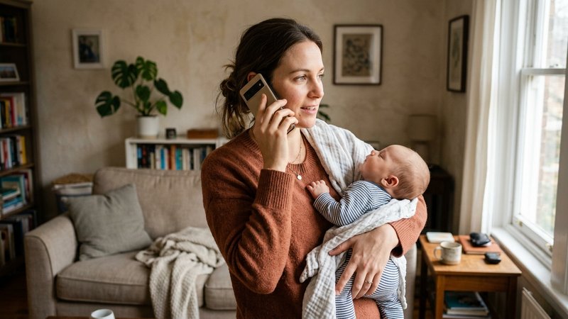 Una madre hablando por teléfono con gesto atento mientras sostiene a su bebé en brazos en casa
