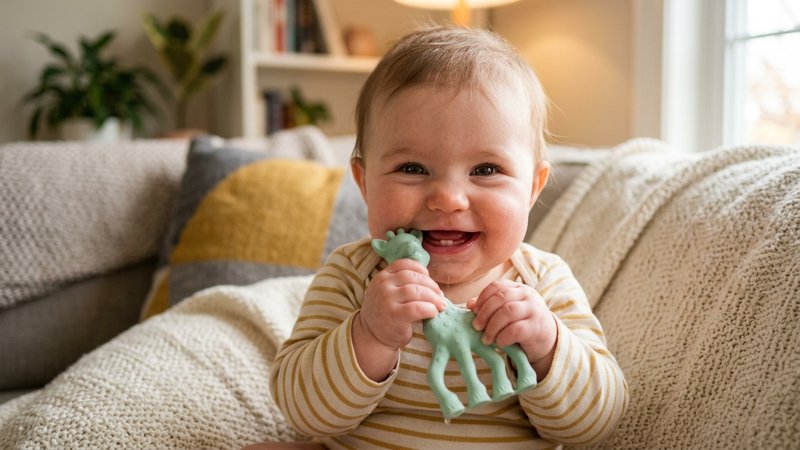 Un bebé mordiendo con gusto un mordedor de silicona, primer plano tierno en interior de hogar