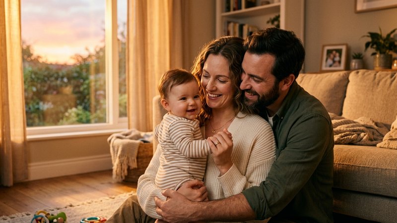 Una familia abrazando con ternura a su bebé sano en el salón, luz cálida de atardecer entrando por la ventana