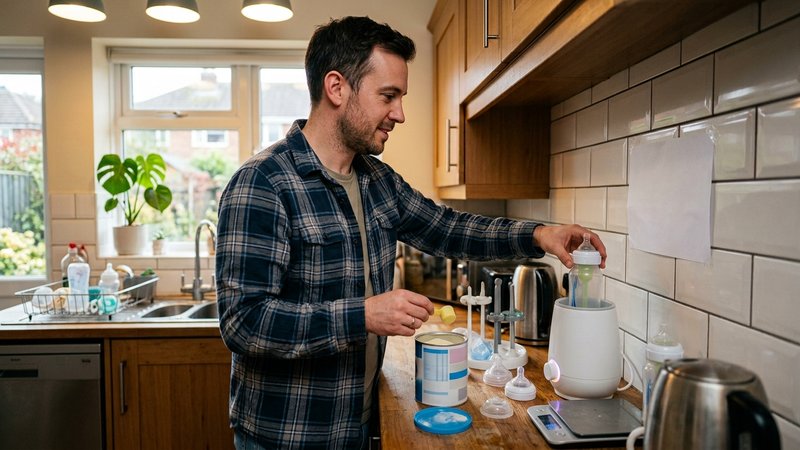 Un padre preparando un biberón en la cocina de casa mientras consulta una tabla de cantidades sobre la encimera