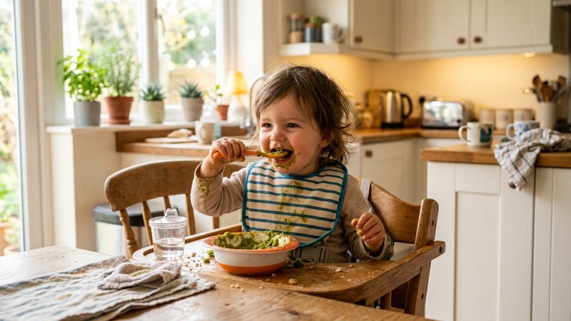 Un bebé de unos ocho meses sentado en su trona comiendo puré de verduras con una cuchara