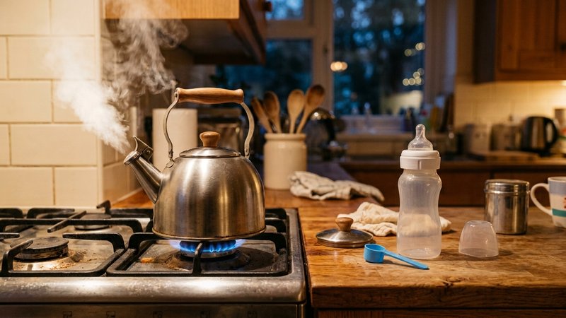 Una tetera hirviendo agua sobre la cocina con un biberón vacío esperando al lado sobre la encimera