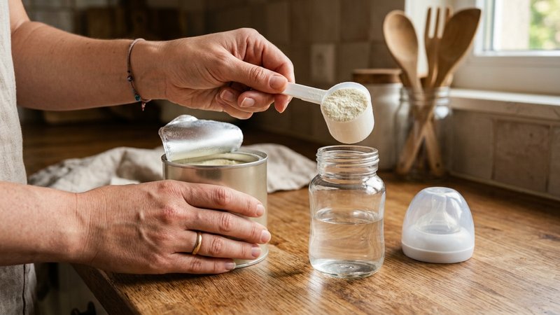 Un primer plano de manos midiendo con un cacito leche en polvo junto a un biberón sobre la encimera de la cocina
