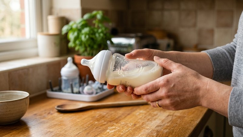 Unas manos agitando suavemente un biberón ya preparado en la cocina de casa