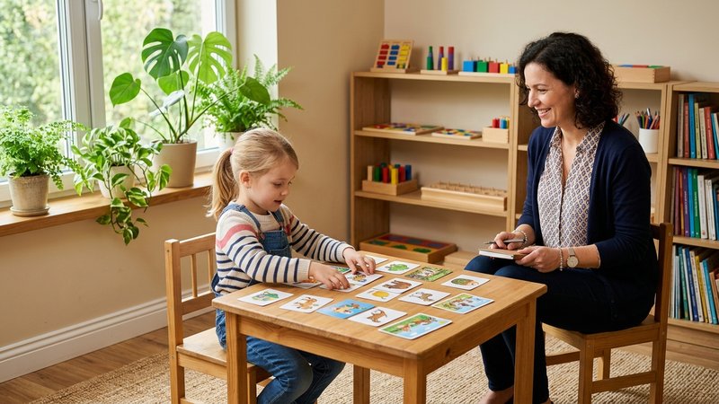 Un gabinete de evaluación psicopedagógica luminoso, con una especialista sonriente sentada frente a un niño que manipula