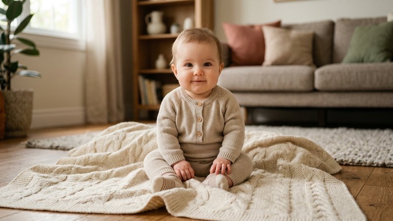 Un bebé de unos seis meses sentado solo sobre una manta con la espalda recta y una sonrisa tranquila
