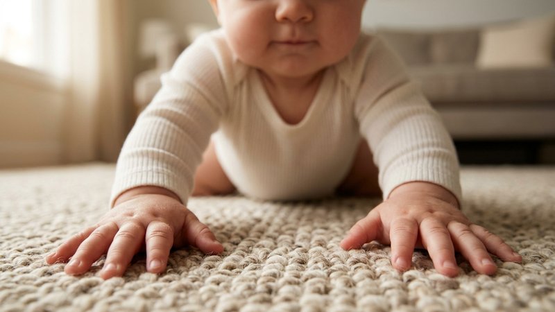 Un primer plano de un bebé a cuatro patas con las palmas de las manos bien apoyadas sobre una alfombra suave