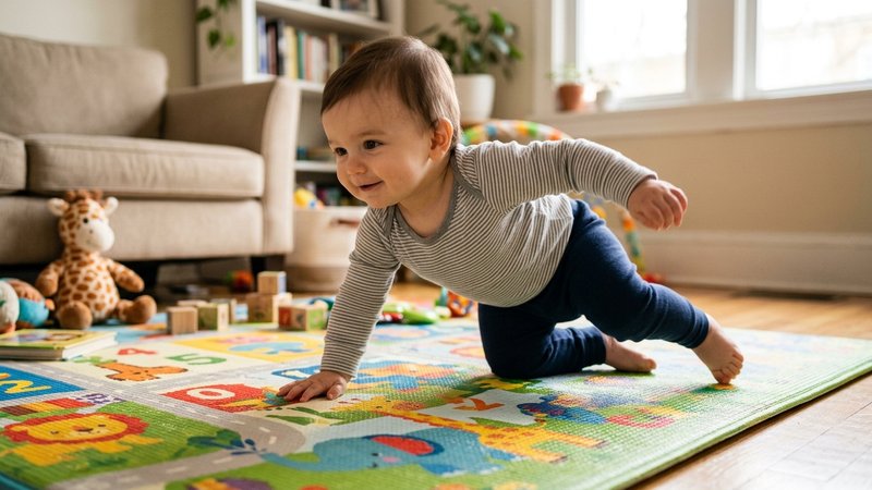 Un bebé gateando en pleno movimiento sobre una alfombra de juegos, avanzando con brazo y pierna contrarios