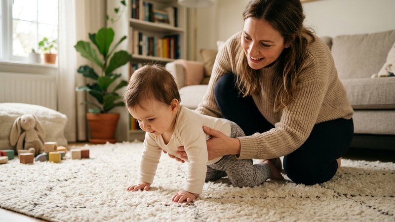 Una madre sujetando con suavidad el tronco de su bebé para ayudarle a mantenerse en postura de cuatro patas sobre la alf