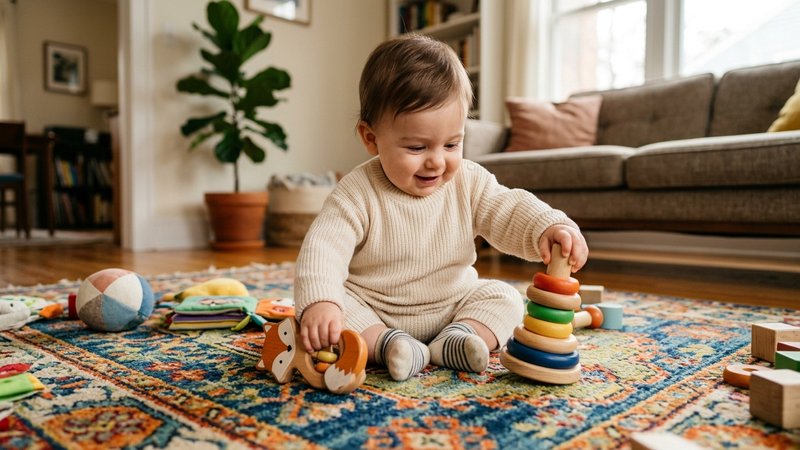 Un bebé jugando sobre una alfombra de colores usando por igual las dos manos con dos juguetes de madera