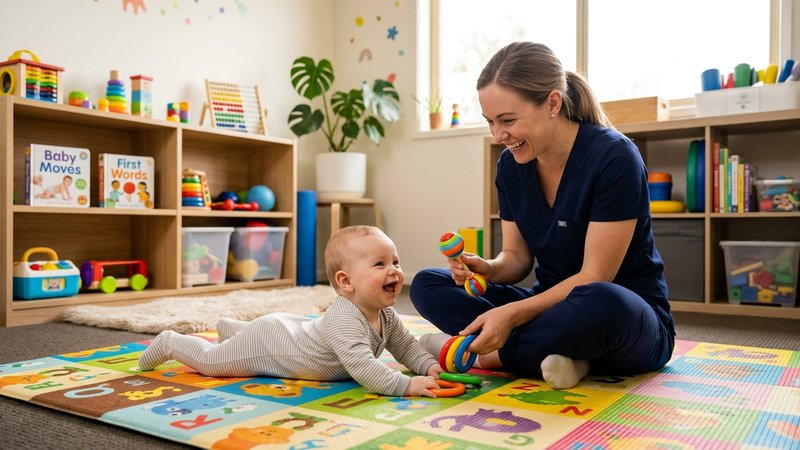 Una fisioterapeuta pediátrica jugando con un bebé sonriente sobre una colchoneta de colores en una sala luminosa y acoge