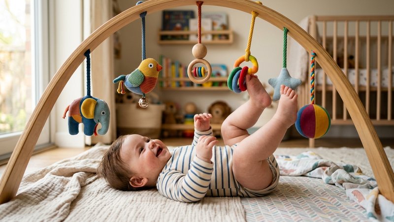 Un bebé boca arriba pataleando alegre bajo un arco de juguetes colgantes de colores