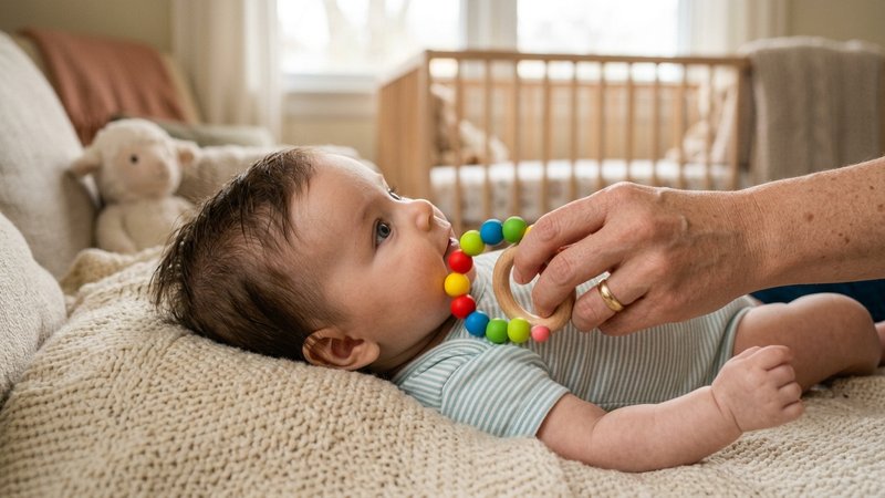 Un bebé girando la cabeza hacia un sonajero que una mano adulta agita cerca de su oído