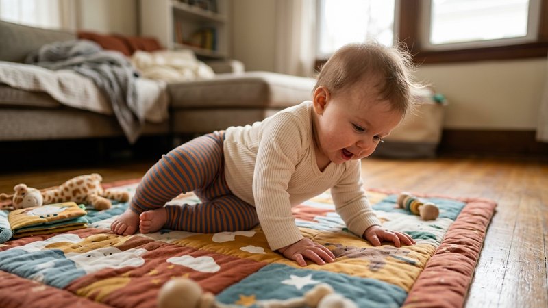 Un bebé boca abajo en pleno movimiento de girarse sobre una colchoneta suave de juego