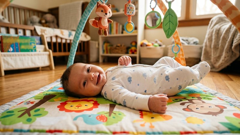 Un bebé recién cambiado, tranquilo y sonriente, tumbado sobre una colchoneta antes de empezar a jugar