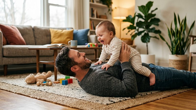 Un padre tumbado en el suelo junto a su bebé, ambos riendo juntos durante el rato de juego en un salón cálido