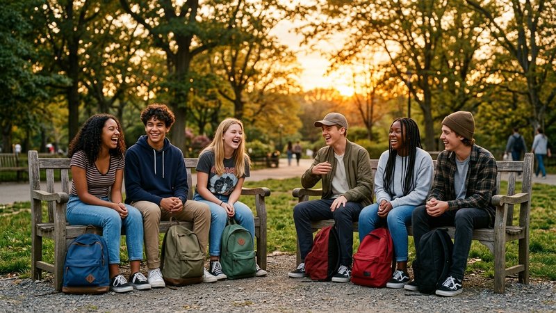 Un grupo de adolescentes riéndose sentados en los bancos de un parque al atardecer, con mochilas apoyadas en el suelo