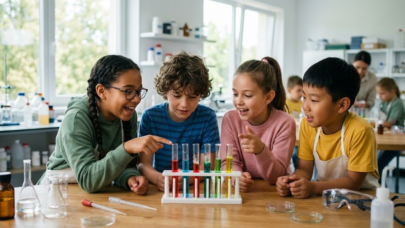 Un grupo de cuatro niños en un taller de ciencias luminoso, observando juntos un experimento con probetas de colores sob