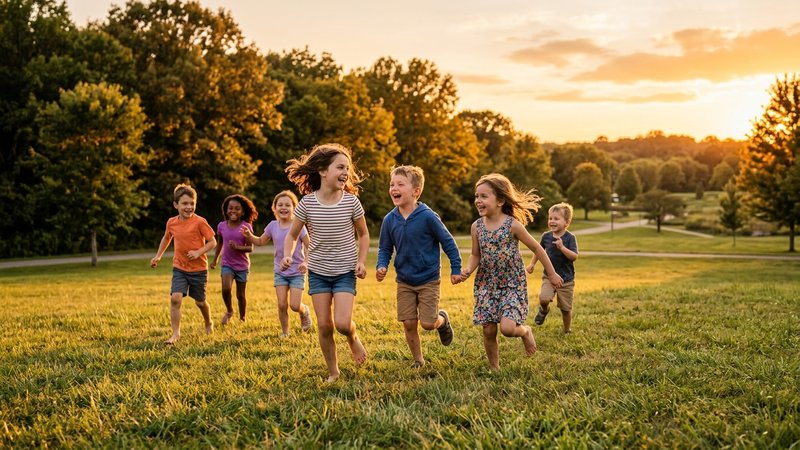 Un grupo de niños corriendo y riéndose juntos por el césped de un parque al atardecer, sin competición ni pantallas