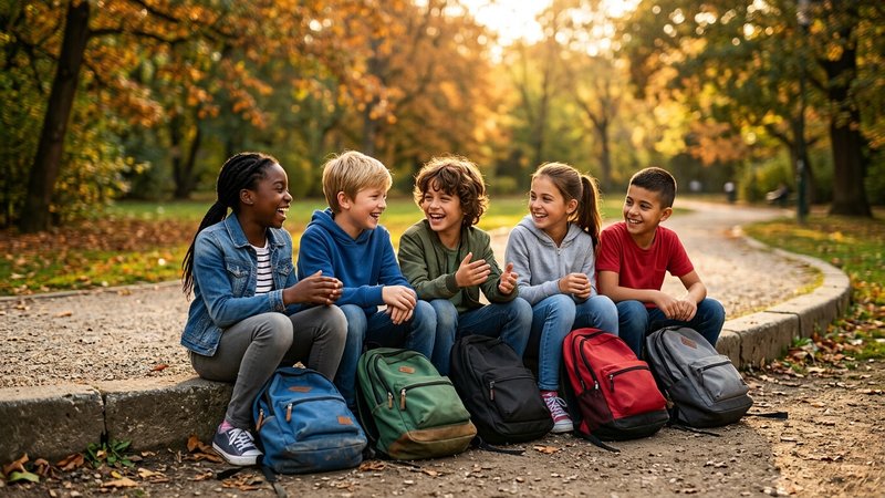 Un grupo de niños de unos once años riéndose y charlando sentados en el bordillo de un parque, con las mochilas en el su