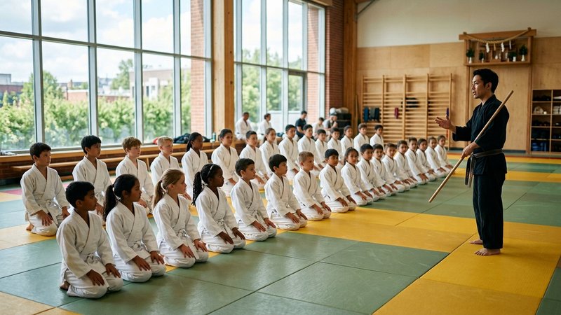 Un grupo de niños practicando artes marciales en un tatami de un gimnasio luminoso, alineados y atentos a la instrucción